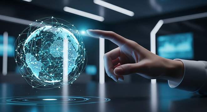 A hand interacts with a holographic globe in a modern office environment with screens