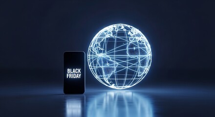 Global Black Friday concept. Futuristic 3D Earth hologram & smartphone with special deal. Ideal for online marketing, e-commerce, global sales, and digital promotion.