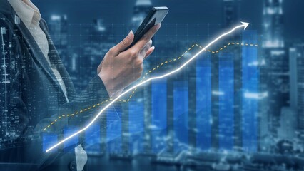 A business professional examines financial data on a smartphone while standing against a digital cityscape featuring a growing chart and trendline, symbolizing progress. Copula