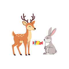 Fototapeta premium Cute deer and rabbit sharing a candy treat in a whimsical forest scene vector Christmas
