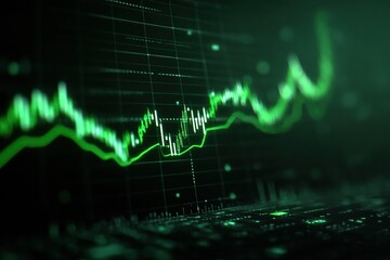 Green arrow pointing upward on financial graph. Business growth chart with rising trend line. Digital stock market data visualization for investment a