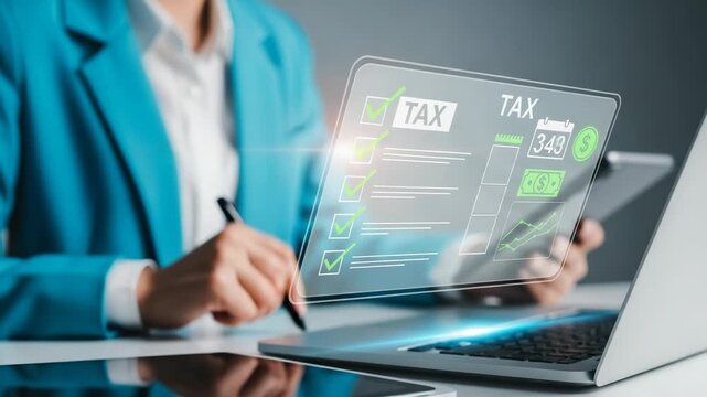 Person completing tax form on laptop with digital overlay of financial data and checklist items - Powered by Adobe