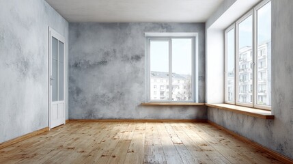 Obraz premium Unfurnished room with textured walls, wooden floor, and large windows.