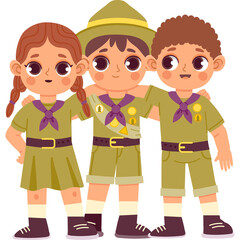 Three Cheerful Children in Scout Uniforms Posing Together on a Transparent Background Representing Youth Camps and Outdoor Activities