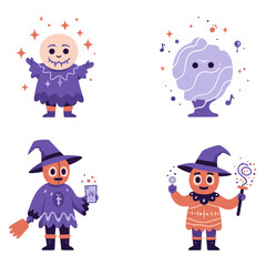 Fototapeta premium Whimsical Halloween Characters Delightful Witch, Fortune Teller, and Spooky Friends in a Cartoon Style