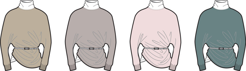 Collection of four draped long-sleeved sweaters with belted waists, shown in different earthy and pastel color palettes