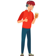 Teenage Boy Wearing Red Hoodie and Headphones Holding Coffee Cup Giving Thumbs Up Gesture with A Smile