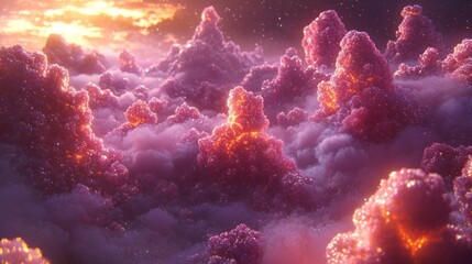 Fototapeta premium A fantastical landscape of vibrant, rosy clouds. Sunrise or sunset glows through the ethereal, sparkling cloudscapes