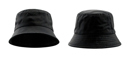 Two black bucket hats displayed