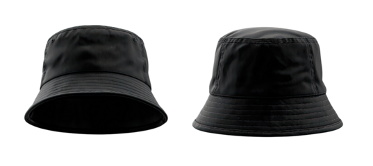 Two black bucket hats displayed