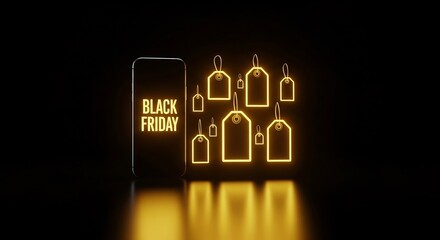 Black Friday sale promotion. Smartphone display with neon glowing price tags for marketing campaigns. E-commerce promo, online shopping deals and discount offers.