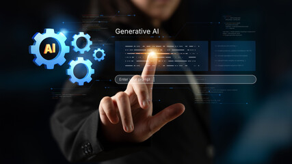 Fototapeta premium A futuristic concept of an enterprise Artificial Intelligence platform. This system uses machine learning for business automation, data analysis, and powering generative solutions. Fermion