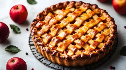 Freshly baked apple pie with a golden crust and red apples surrounding it on a white background