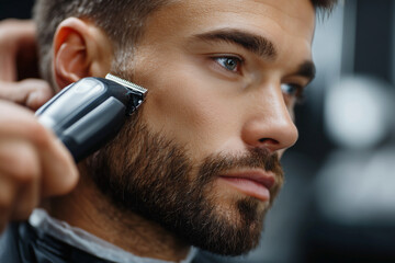 A man is getting his beard trimmed by a barber