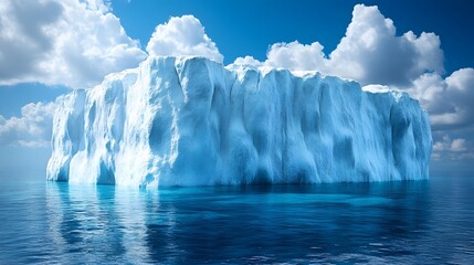 Massive iceberg floating in clear blue water under a bright sky with fluffy clouds