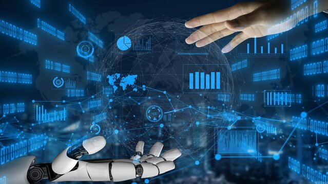 A striking visual depicting the interaction between a human hand and a robotic hand, surrounded by digital data elements, symbolizing advancement in technology and innovation. Xenic - Powered by Adobe
