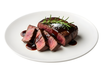 A perfectly cooked plate of meat with a rich sauce drizzled on top, isolated on a white or transparent background, perfect for gourmet dining, culinary presentations, and restaurant menus