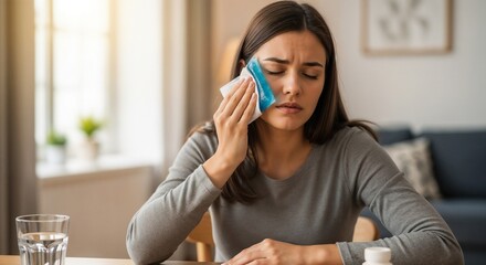 Young woman applying compress to face while experiencing tooth pain