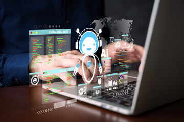 Artificial intelligence robot analyzing data and research on laptop computer with digital technology