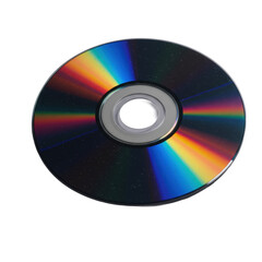 Extreme macro close-up of a single optical disc with vivid sapphire, purple, red, and golden iridescent reflections and microscopic grooves, on a transparent background, concept of digital data