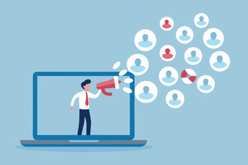 Man on laptop screen shouting into megaphone broadcasting messages to a crowd of people icons