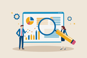 Business professionals analyzing financial data and charts on a digital screen with a magnifying glass and pencil
