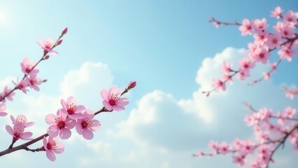 Delicate pink blossoms grace bare branches against a bright blue sky with soft, fluffy clouds, hinting at a new beginning