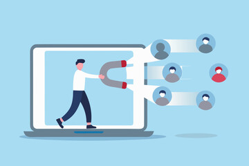Man with magnet attracting people icons from laptop screen for business growth