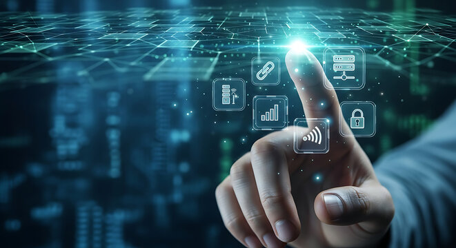 A finger touching a digital interface with icons representing data and connectivity concepts