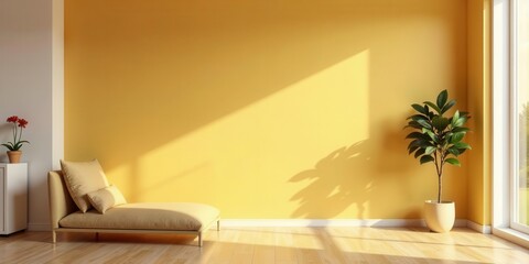 A serene interior scene with a sunlit golden wall, a comfortable chaise lounge, and a vibrant green potted plant creating a peaceful ambiance
