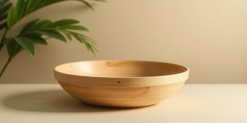 Minimalist wooden vessel with soft green foliage creating subtle shadow play against a warm neutral backdrop