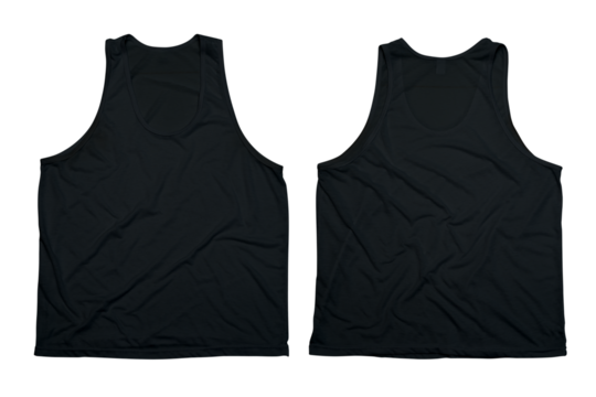 Black tank top front and back view isolated on white background for apparel design and fashion mockup