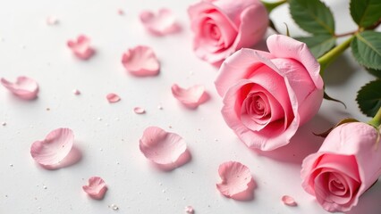 Delicate pink rose blooms and scattered petals evoke feelings of gentle romance and natural beauty upon a textured white surface.