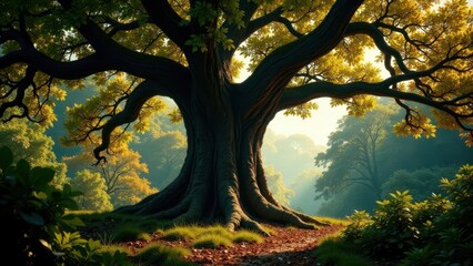 Majestic ancient tree with sprawling branches and vibrant foliage bathed in the warm glow of soft sunlight filtering through the canopy