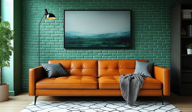 An orange leather sofa in front of a green brick wall with a poster frame featuring modern home interior design and studio room elements