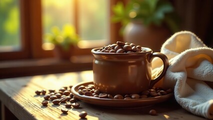 A warm morning sunbeam illuminates a rustic mug filled with roasted coffee beans, spilling onto a wooden surface, complemented by a soft cloth