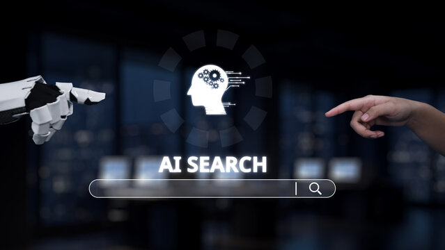 Explore the intersection of AI technology and human interaction in a modern workspace, showcasing innovative concepts of search and digital communication. Synapse