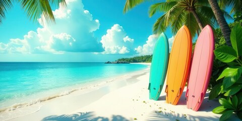 Tropical paradise scene with colorful surfboards waiting on a pristine white sand beach beside the turquoise ocean water and lush green foliage
