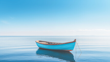 Naklejka premium Wooden fishing boat floating on calm blue sea