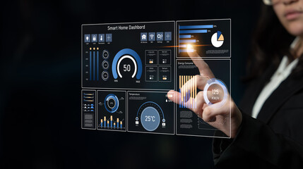 Smart home dashboard manages IoT system. Smart home dashboard controls temperature, dashboard tracks energy, smart home handles devices, and smart home dashboard monitors data. Latch