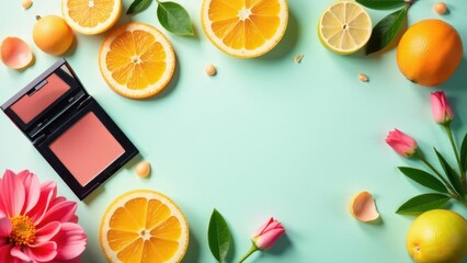 Fresh citrus slices and blooming roses paired with a cosmetic compact for a vibrant and natural beauty aesthetic