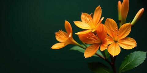 Vibrant orange blossoms unfurl with delicate petals against a deep, shadowy, verdant backdrop, showcasing nature's intricate artistry