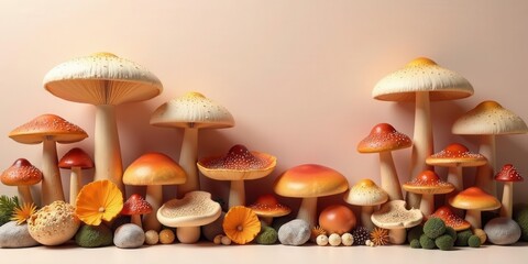 A whimsical collection of delightful forest fungi arranged in a charming display with various earthy accents and vibrant blooms