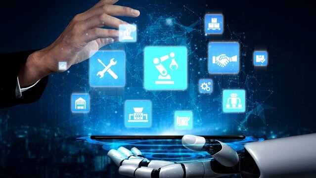 Mechanized industry automation and modern production system with robotic arms, gears, tools and loFunnelics for efficient mechanized industry process. Funnel