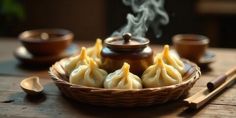 Steaming dumplings served in a rustic woven basket with small ceramic bowls and wooden utensils on a weathered wooden surface