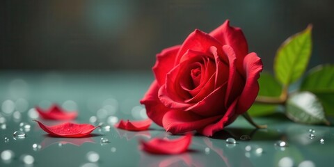 A single velvety crimson blossom rests serenely upon a dew-kissed surface, its delicate petals scattered gracefully around it, hinting at a moment of quiet beauty