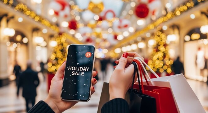 Holiday sale shopping at a festive mall. Woman uses phone for deals, carrying shopping bags. Great for Christmas promotions, retail ads, or festive marketing campaigns.