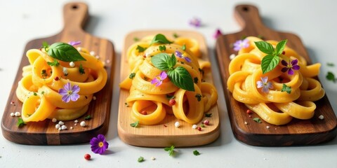 Artfully arranged golden pasta spirals adorned with fresh green herbs and delicate purple blossoms on rustic wooden boards