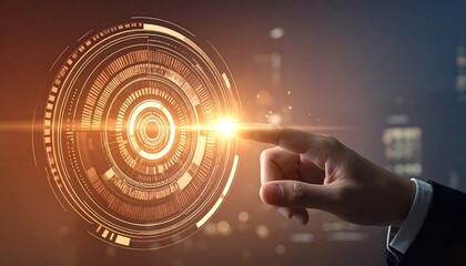 Digitized hand pressing interactive golden glowing futuristic UI