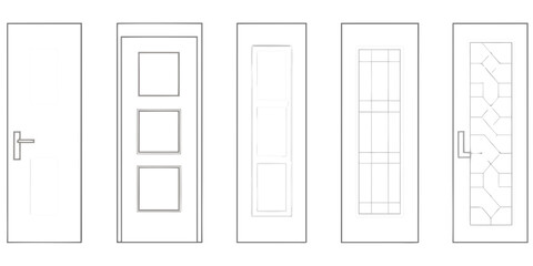 Collection of five different interior door designs with varying panel and glass configurations